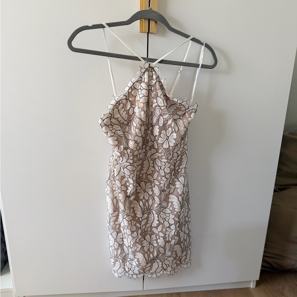 Lulu's Taupe Mini Dress with White Floral Lace